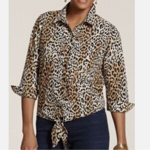 CHICO’S No-Iron Animal Print Cropped Sleeve Tie Hem Button Down Shirt